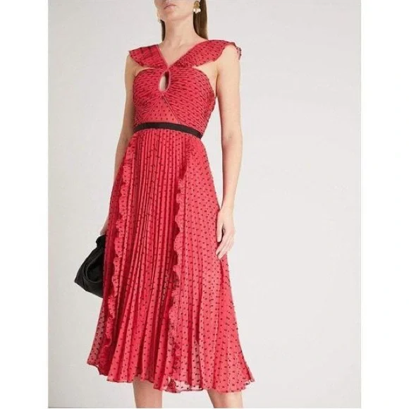 sachin and babi light blue dress Self-Portrait Polka-Dot Plissé Chiffon Midi Dress UK8 main image 0